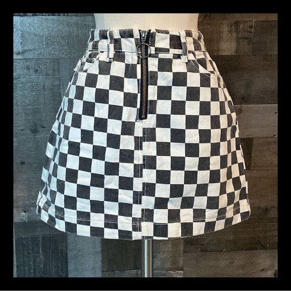 Urban Outfitters BDG jean mini skirt small black white checkered denim skater - Picture 1 of 11